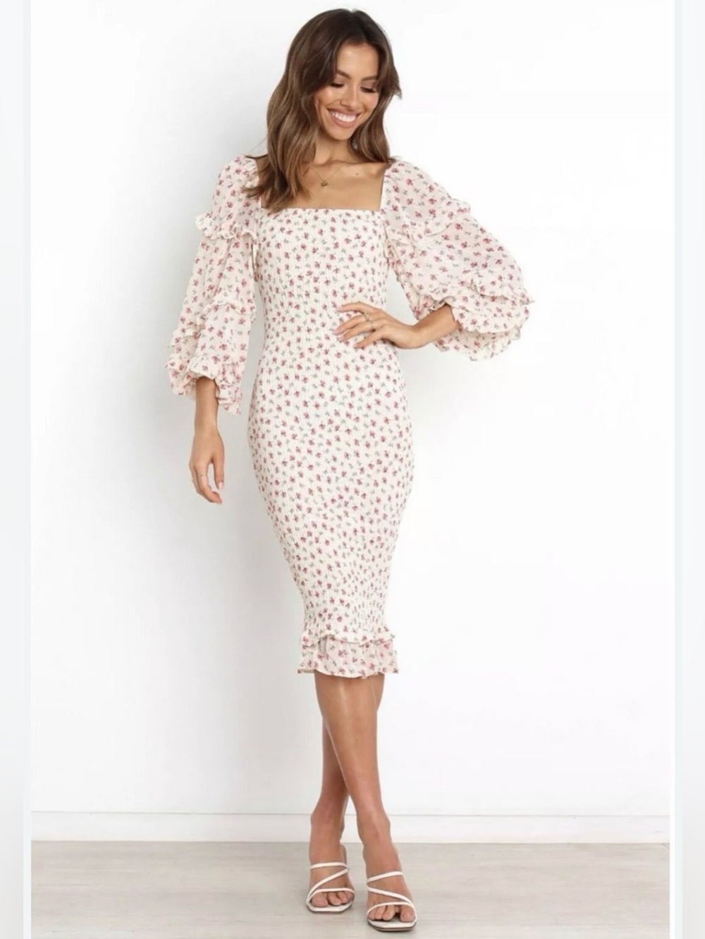 Petal & Pup Cream Floral Leia Midi Dress with Puff Sleeves